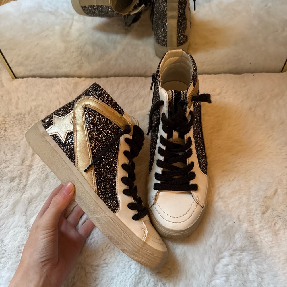 ShuShop Women's Black Glitter and Gold High-Top Sneakers